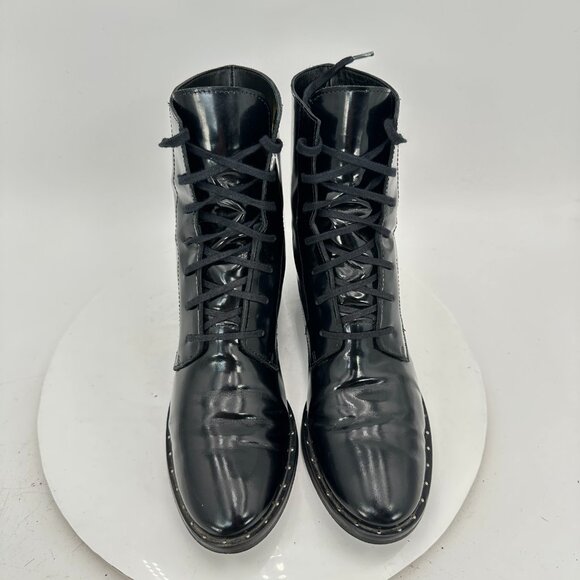 Freda Salvador Women Size 7.5 Black Patent Leather Plain Toe Lace Up Ankle Boot - Picture 3 of 11